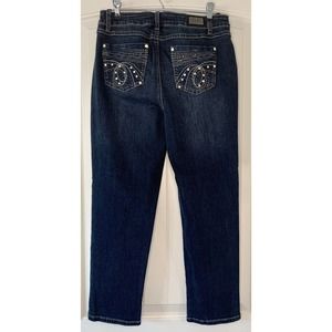 Womens Earl Jeans Denim Cropped Mid-rise Stretch Embroidered Embellished size 10